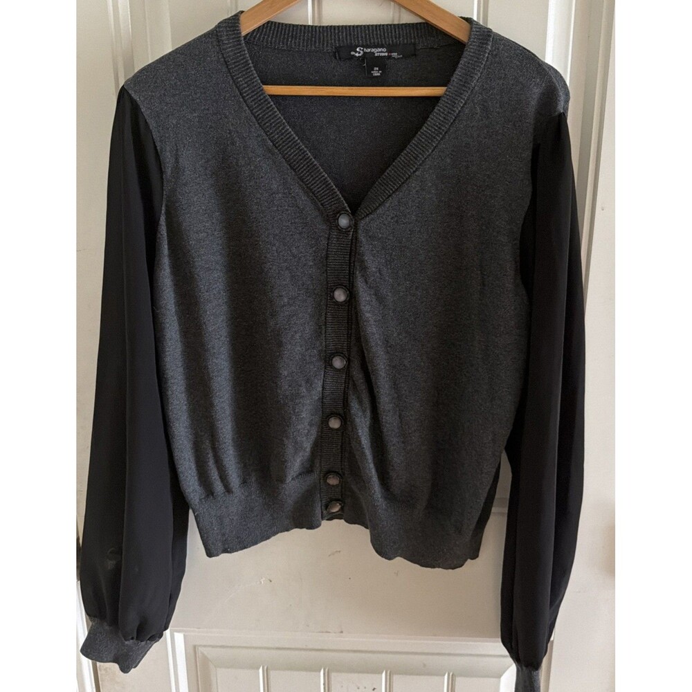 Sharagano Cardigan Sweater Sheer Sleeve Womens Button Closure Black 2XL